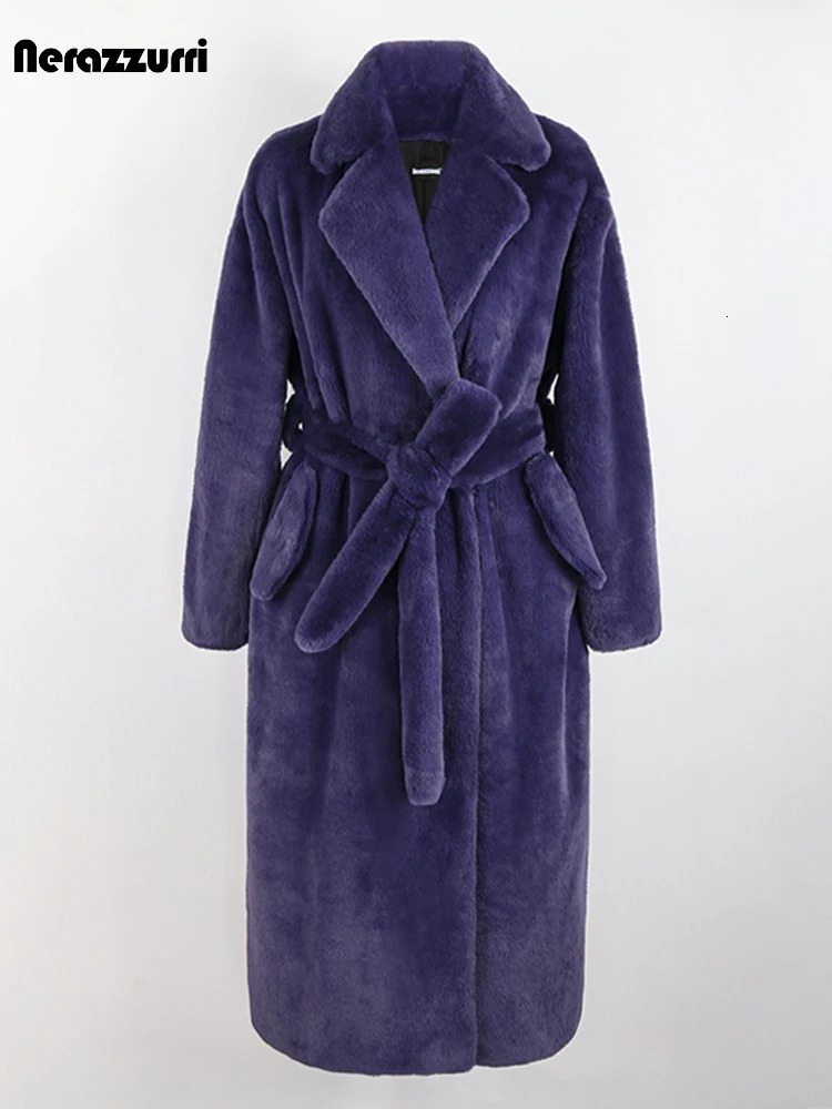 Sapphire Winter Long Purple Black Fluffy Thick Warm Artificial Fur Coat Womens Belt ly Arrived Fur Coat 241202