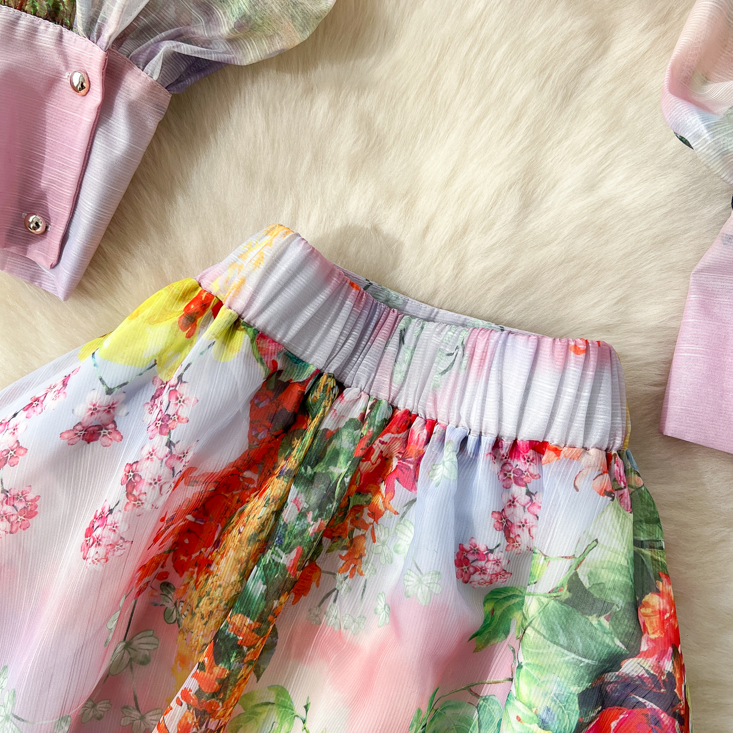 Two Piece Dress Women Summer Bohemian Floral Print Skirt Set Long Sleeve Blouses Tops & High Waist Pleated Maxi Skirt Female Two Piece Suits