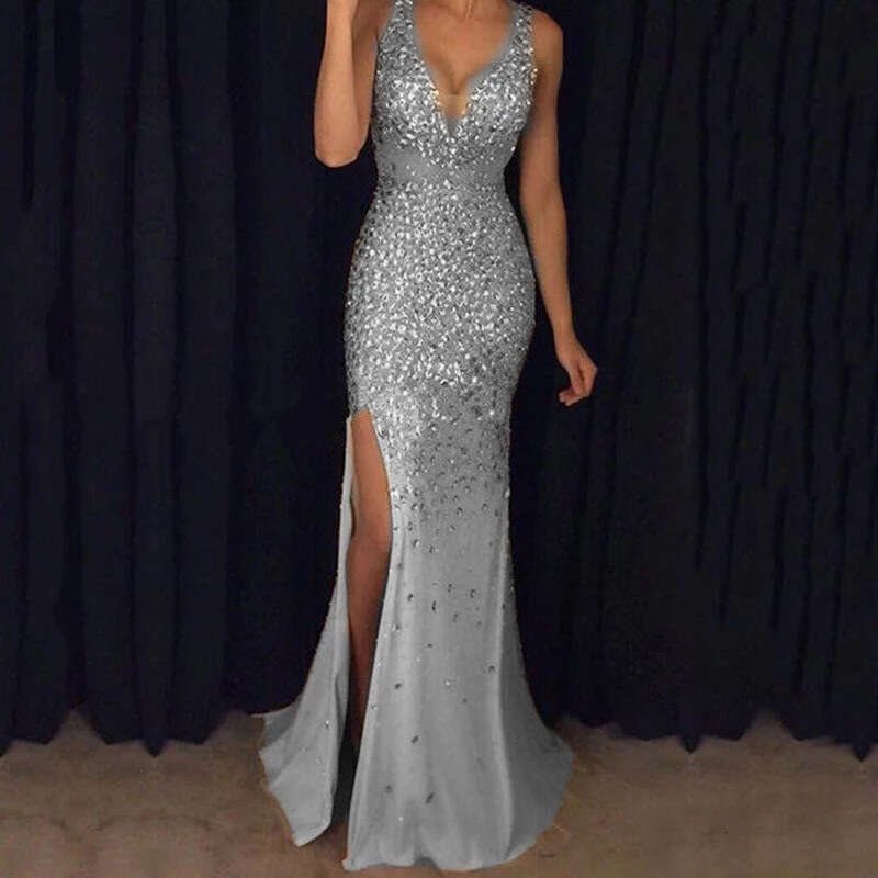 autumn winter European and American slit hot stamping long skirt evening dress 2024 temperament versatile new trendy clothing ins
