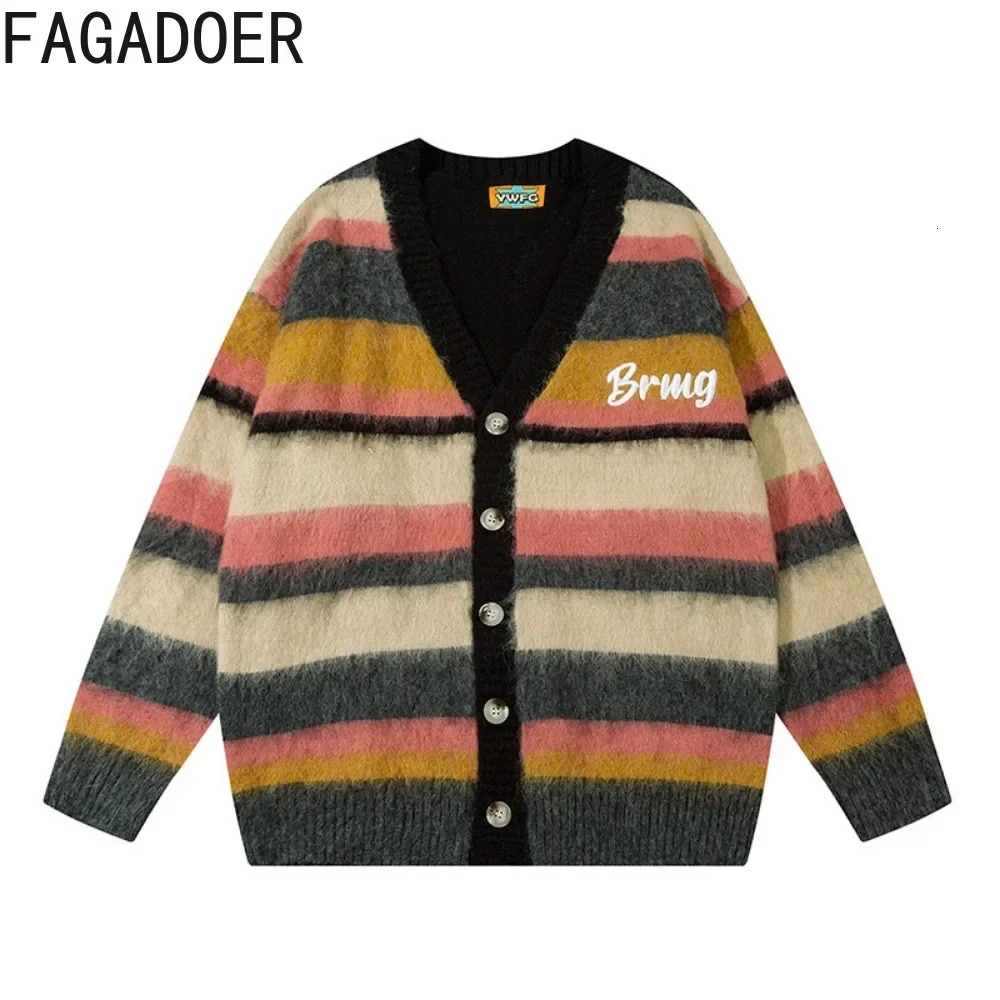 FAGADOER Letter Embroidery Sweet Knitting Cardigan Women Y2K Streetwear VNeck Color Block Loose Sweaters Coat Fashion 2025 241203