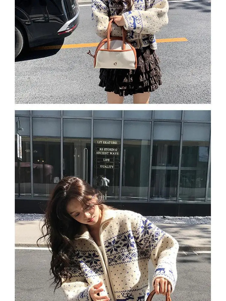 Autumn Winter Vintage Beige Snowflake Print Festival Zipper Sweaters Women Elegant Vacation Long Sleeve Knitted Cardigans Tops 241203