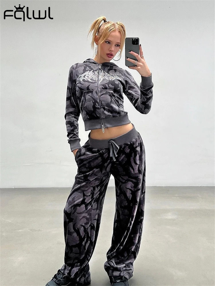 FQLWL autumn Rhinestone casual 2-piece womens track suit Y2K hooded zipper top and drawstring sweatpants 241205