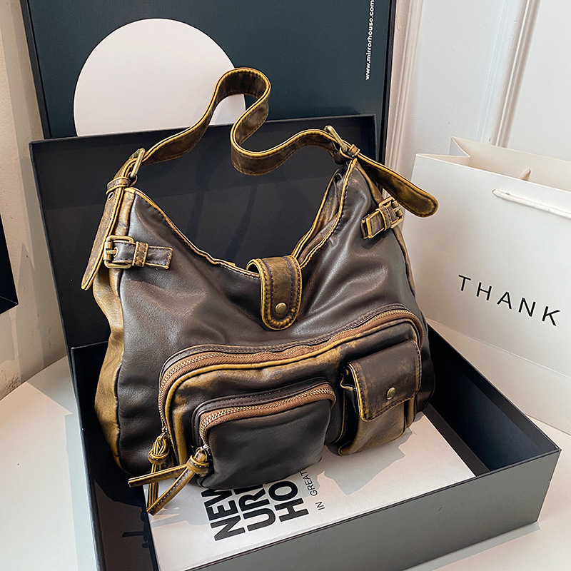 High end handbag, women's multi pocket motorcycle punk style niche shoulder bag, crossbody bag