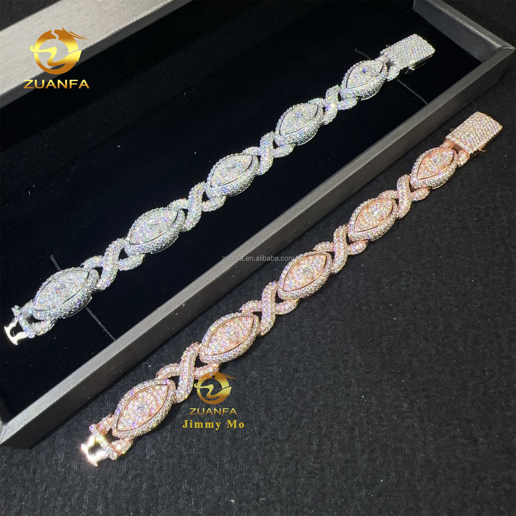 Unique Design 13mm Silver Rose Gold Plated Hip hop Jewelry Iced out Men Moissanite Diamond Evil Eyes Infinity Cuban Bracelet