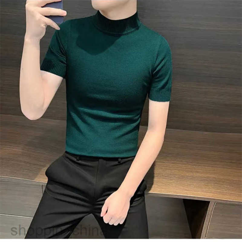 Men's Sweaters Mens knitted sweater for autumn and winter short sleeved semi high neck slim fit inner layer sweater men half sleeved base shirt s