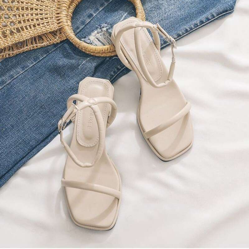 2025 Fashion Summer Shoes Woman's Sandals Narrow Band Vintage Square Toe Ankle Strap Thong Sandalias Shape Design Elegant Women 35-40