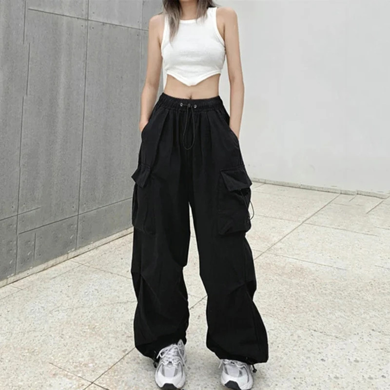 1pc Women Big Pockets Cargo Y2k High Elastic Waist Drawstring Baggy Trousers Vintage Casual Loose Side Zipper Straight Pants 241203