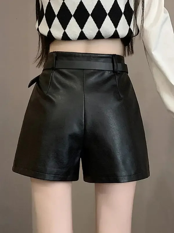 Womens Autumn High Waist PU Leather Shorts Womens Casual Wide Leg Shorts Womens Solid Color Shorts L535 241206