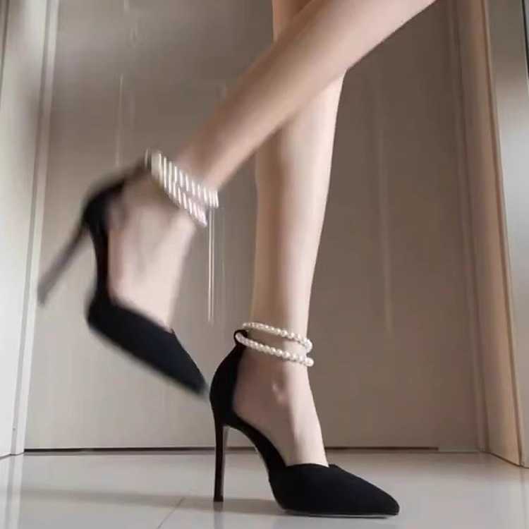 New Pointed Stiletto High Heels Womens Black Suede Pearl Strap Sandals Womens Versatile Single Shoes