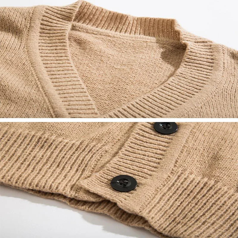 Autumn and winter mens casual Vneck cardigan wool sweater solid color long sleeved jacket single chest loose knit 241206