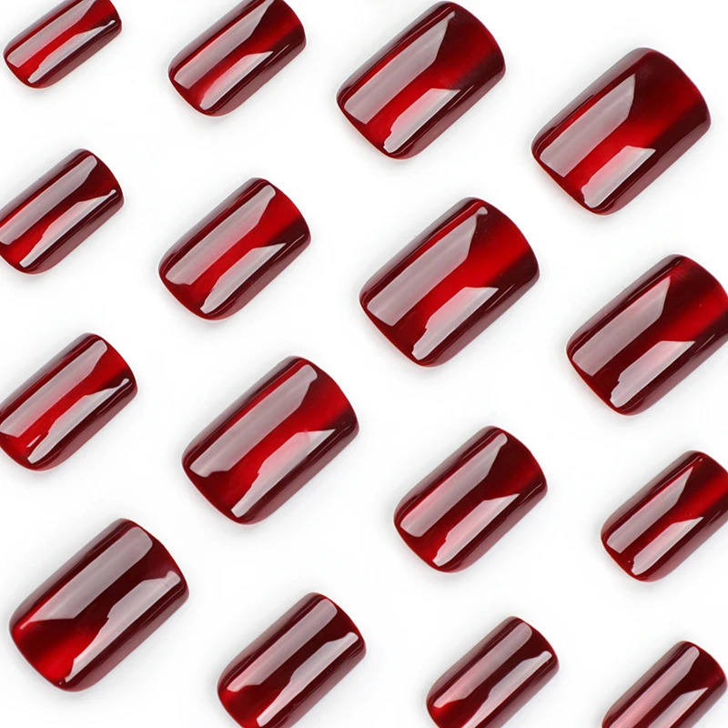 24pcs Red Cats Eye Short Square Press On Nails Full Cover Fake Nails for Women and Girls with Nail File and Jelly Glue 241206
