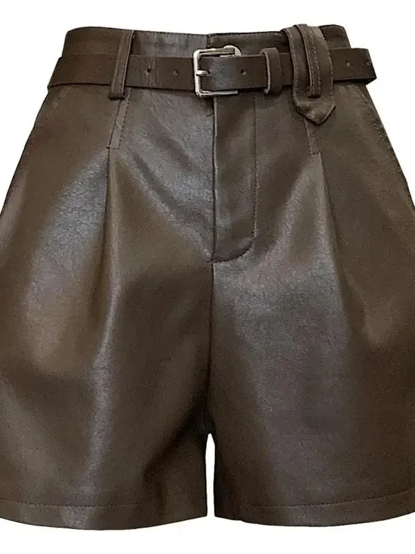 Womens Autumn High Waist PU Leather Shorts Womens Casual Wide Leg Shorts Womens Solid Color Shorts L535 241206