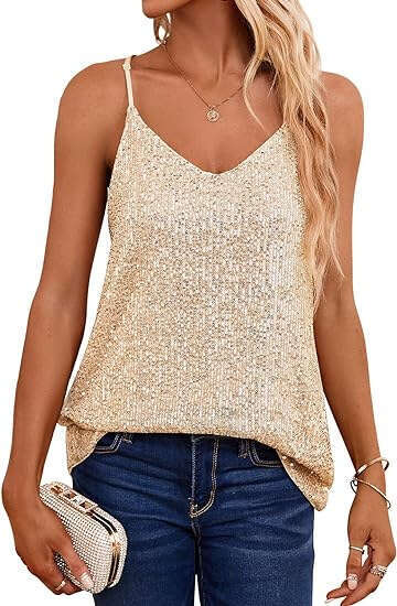 European and American style loose V-neck sleeveless sequin deep V-strap 2024 new casual versatile fashion clothing