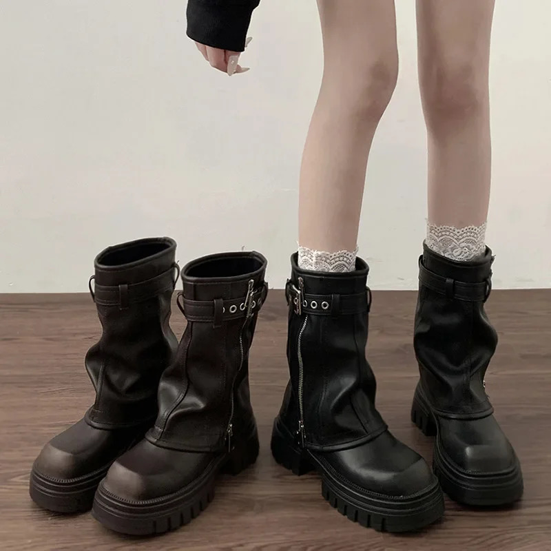 Winter Women Biker Boots Fashion Belt Buckle Ladies Elegant Platform Flats Short Booties Casual Womens Knight Booties 241206