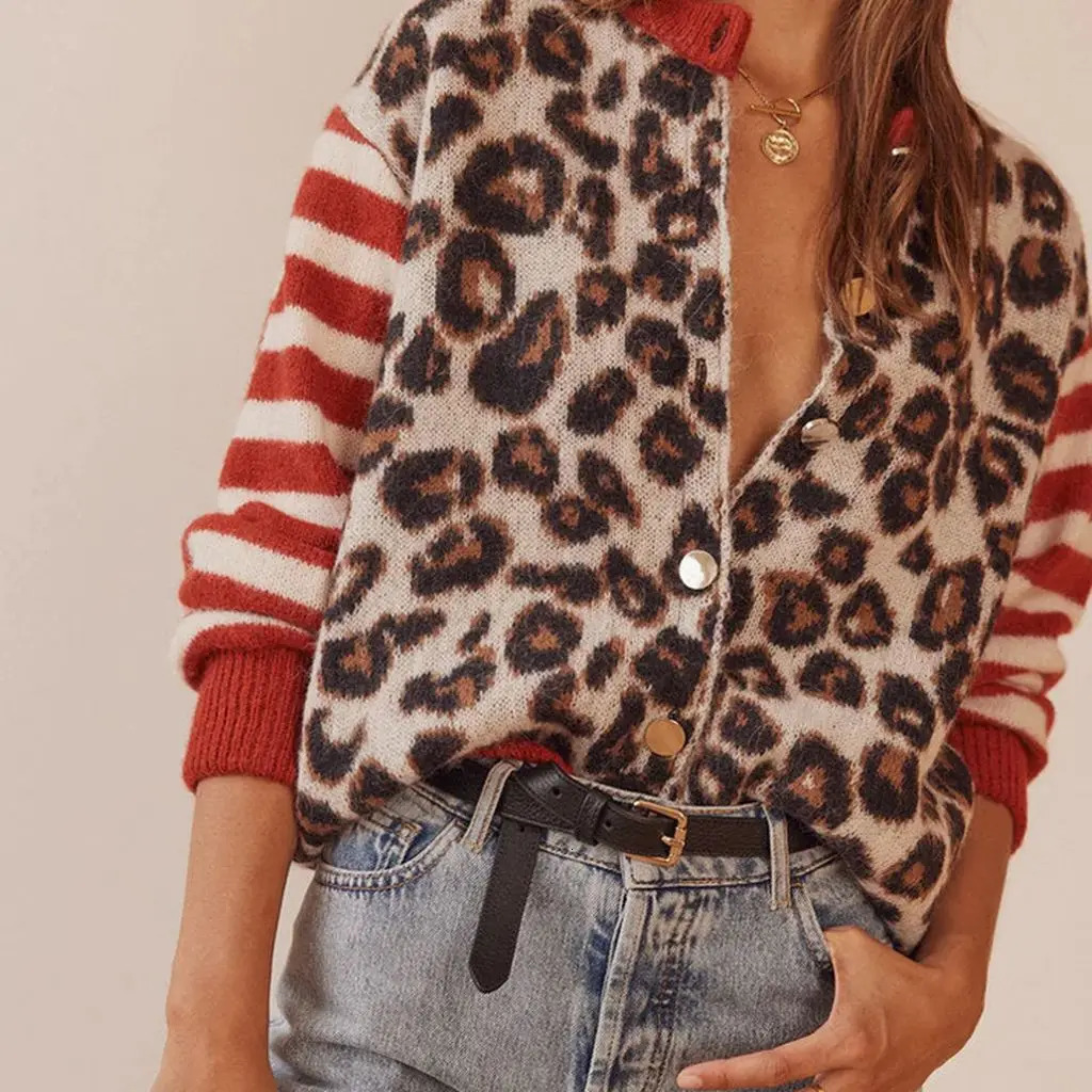 Combhasaki Womens Y2K Vintage Sweaters Aesthetic Striped Leopard Print Patchwork Buttondown Round Neck Loose Fit Knitwear Coat 241203