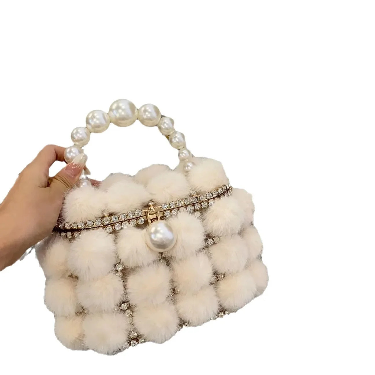 Metal pearl mink fur lining vegetable basket bucket bag glitter Winking plush birdcage handheld cross shaped bag 241206