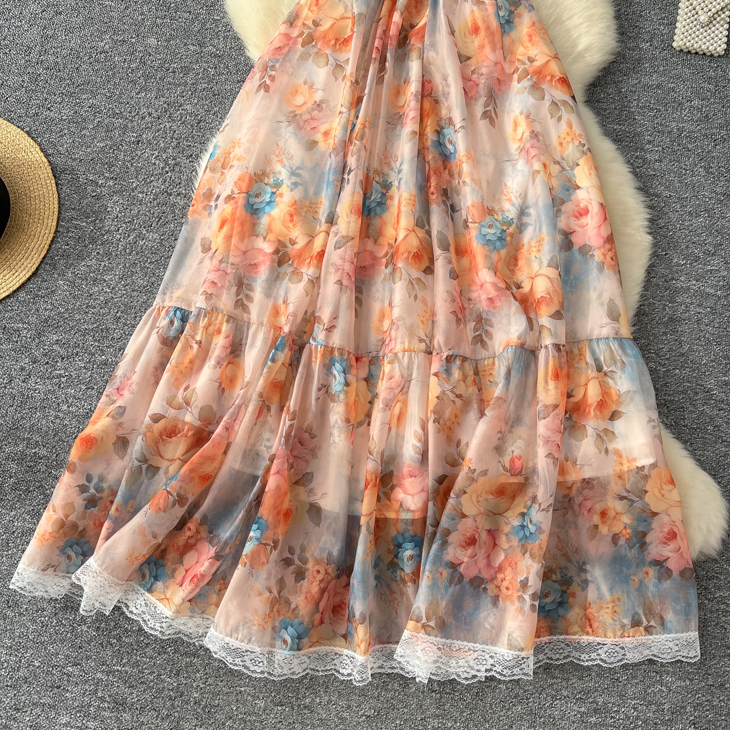 Summer New Casual Dresses 2025 Summer Gorgeous Flower Chiffon Holiday Dress Womens Sexy Off Shoulder Floral Print Lace Trims Elastic Waist Maxi Vest