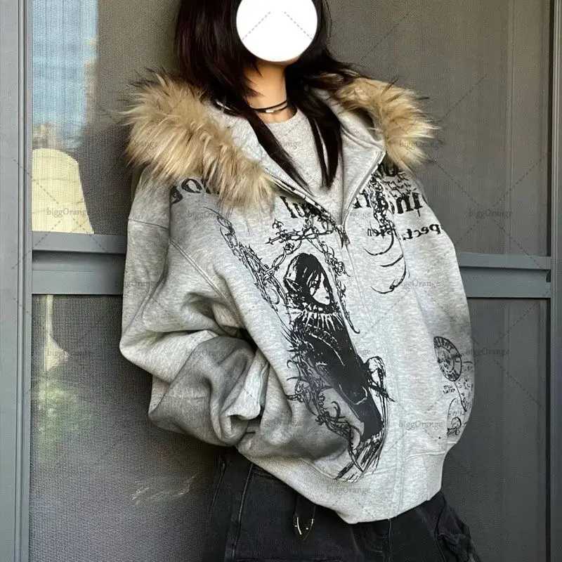 Gothic punk Harajuku big fur collar jacket European and American fashion animation printing hooded casual edition sweatshirt X241207