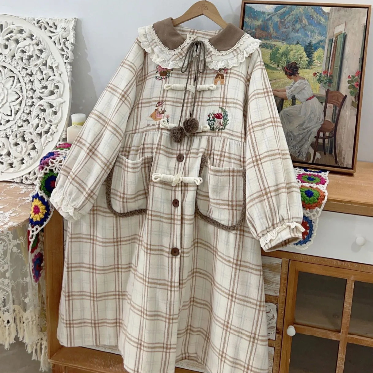 Fugusen girls plain long wool coat womens autumn Japanese preparatory style Peter Pan collar lace patch work retro loose jacket 241205