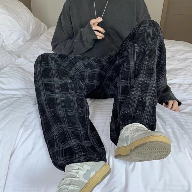 Mens checkered casual pants loose straight Corduroy sports mens fashionable streetwear 2023 spring hiphop Trouser 241206