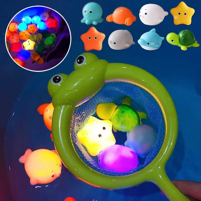 Cute Animals Bath Toy Swimming Water LED Light Up Toys Soft Rubber Float Induction Luminous Frogs for Kids Play Funny GiftsXJ240254