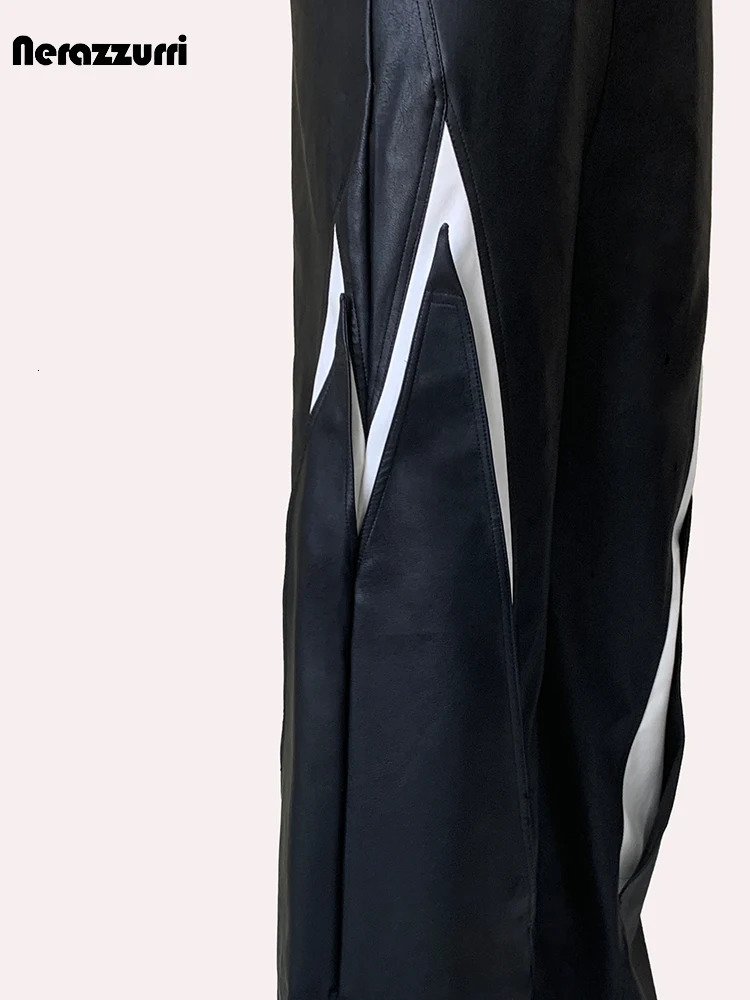 Sapphire autumn cool long white black block Pu leather wide leg mens er streetwear 241205