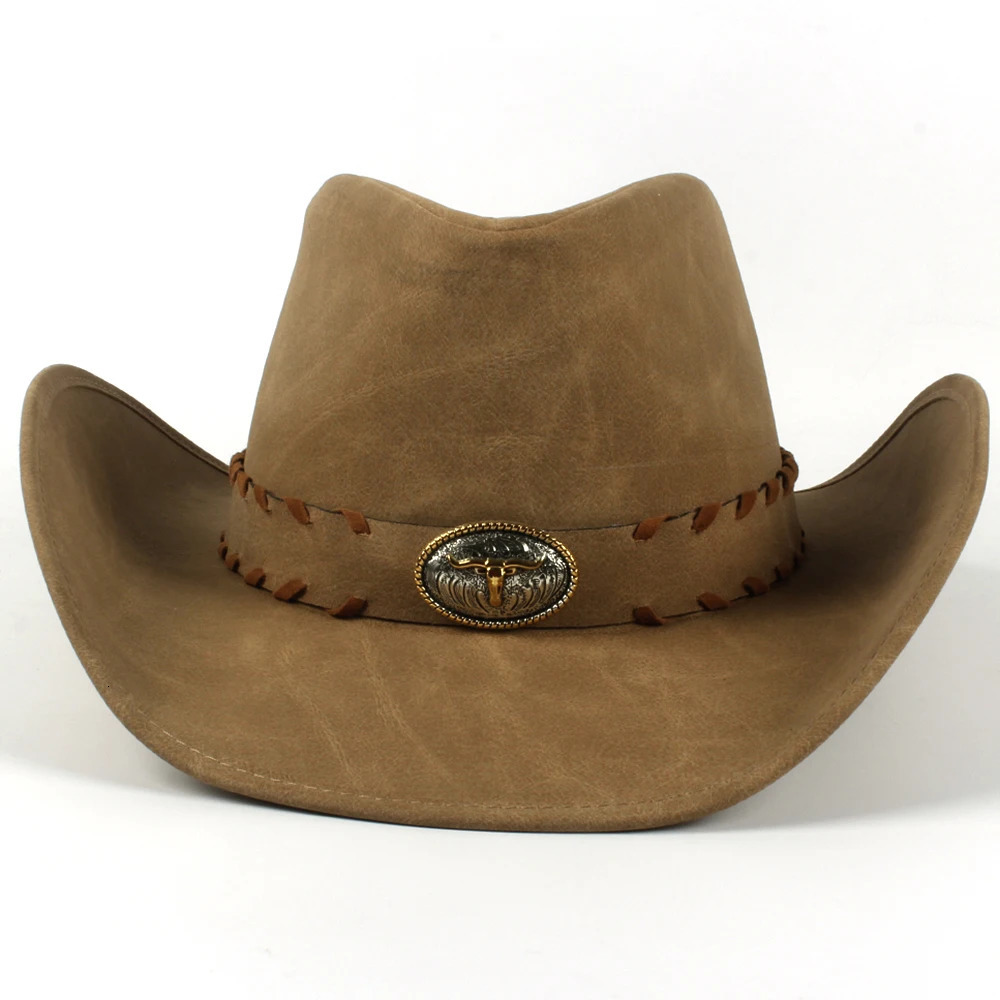 100% Leather Mens Western Cowboy Hat Mens Dad Sombrero Hombre Hat Size 58-59CM Direct 241206