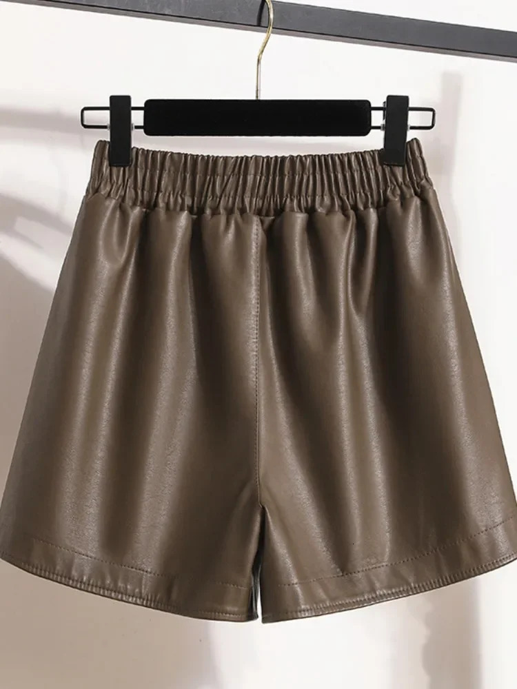 Womens Autumn Loose Wide Leg Shorts Womens High Waist Casual Pocket Shorts Womens PU Leather Shorts L531 241206
