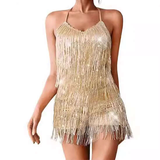 European and American solid color sequin suspender tail party short skirt tassel dress 2024 temperament versatile new trend clothing ins