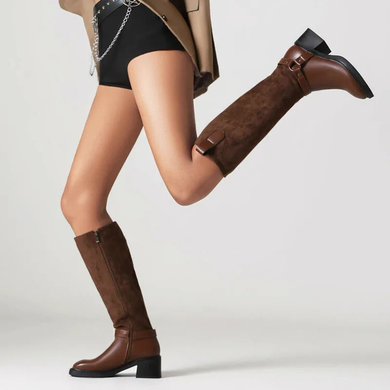 Casual womens snow boots square high heels womens knee high boots warm fur winter riding boots womens black brown shoes womens WSH5015 241206