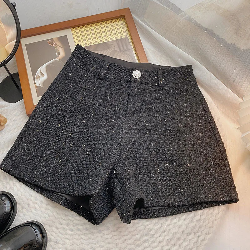 Womens casual shorts with spring solid high waist A-line coarse tweed Korean fashion womens shorts retro wide leg Trouser 241206
