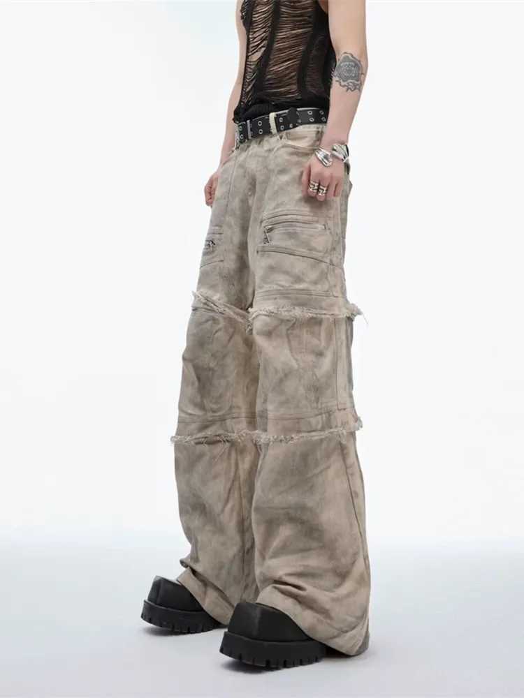 High Quality Ropa Grunge Y2K Streetwear Retro Grey Pocket Stacked Jeans Cargo Pants Mens Wide Leg Gothic Loose Pants T241207