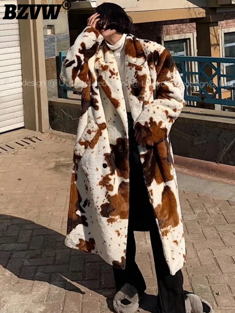 BZVW cow leopard print sheepskin wool coat womens lapel long sleeved contrasting loose coat winter item 25Z1332 241202