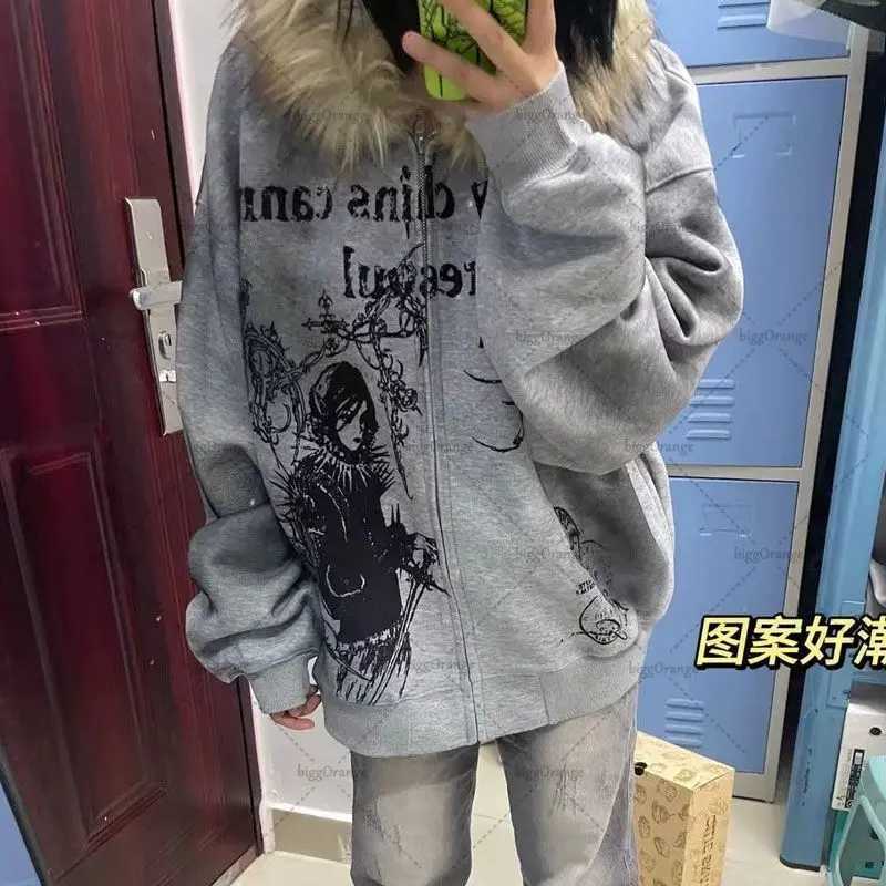 Gothic punk Harajuku big fur collar jacket European and American fashion animation printing hooded casual edition sweatshirt X241207