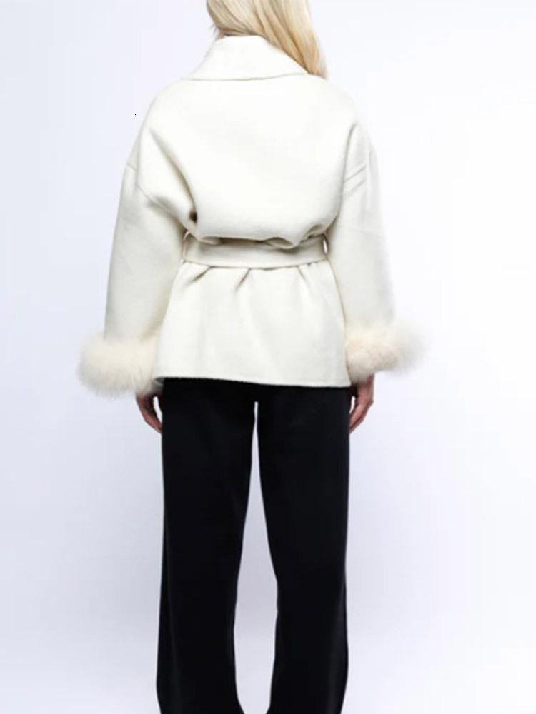 Elegant White Cuff Faux Fur Patchwork Woolen Coat With Belt Women Long Sleeve Lapel Jacket Winter New High Street Outwear