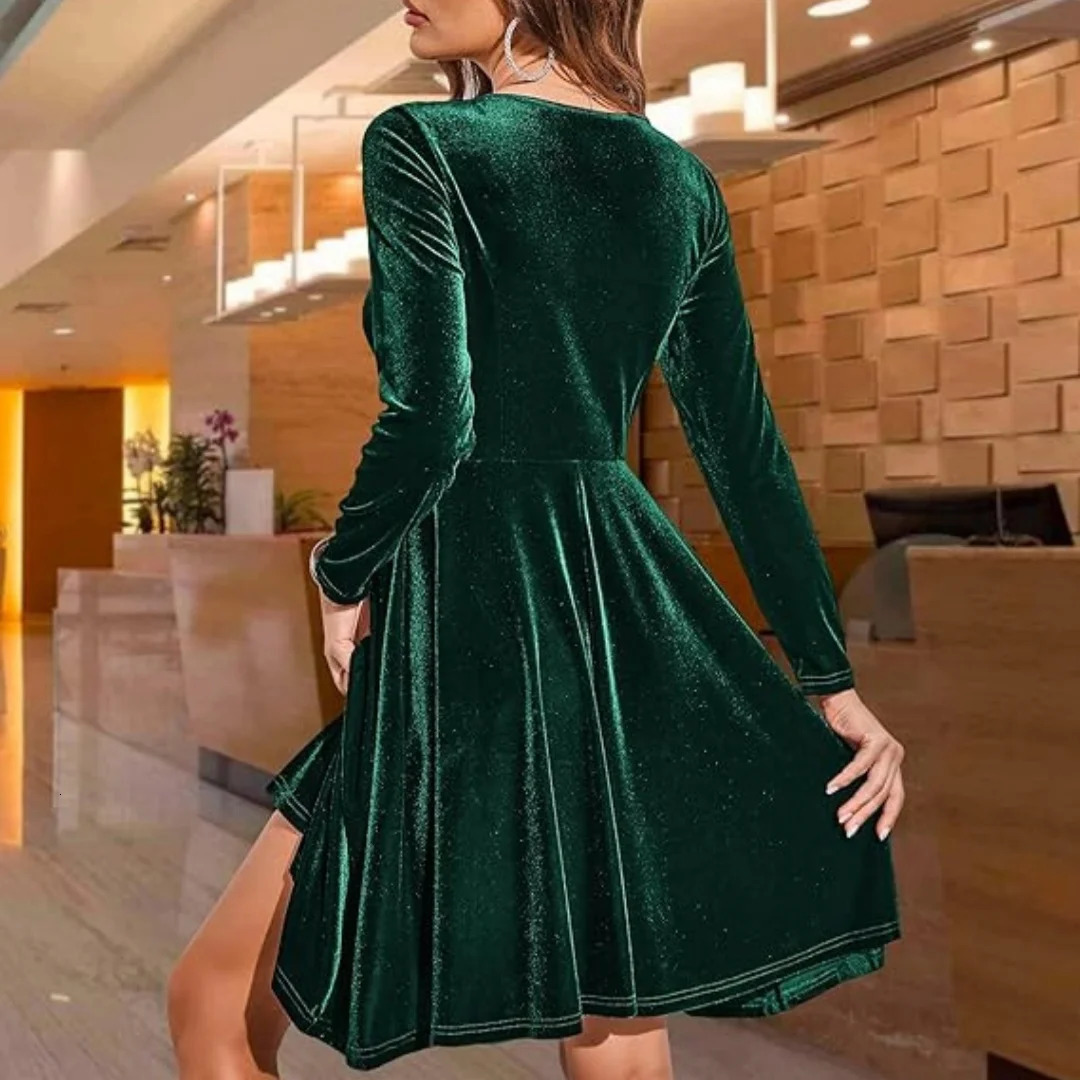 Christmas Party Basic Velvet Midi Dress A-Line Round Neck Long Sleeve Elegant Dress Fashion Womens Dress Holiday Dress 241205