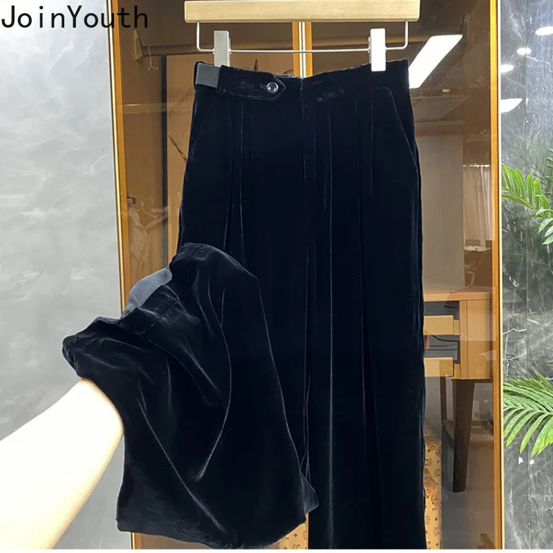 Korean wide leg pants for women high waisted slim fit straight velvet Trouser fashion casual retro Pantalon women bottom 241202