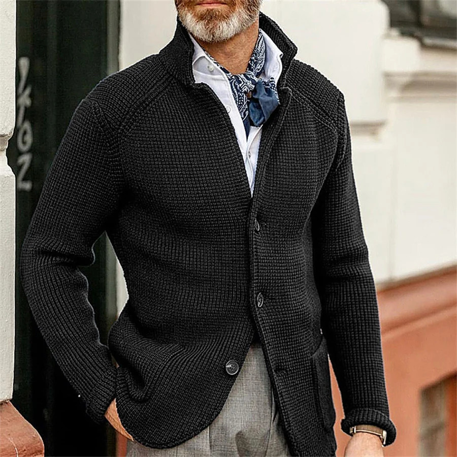 2024 mens stand up collar knitted jacket long sleeved sweater cardigan solid thick warm casual 241206
