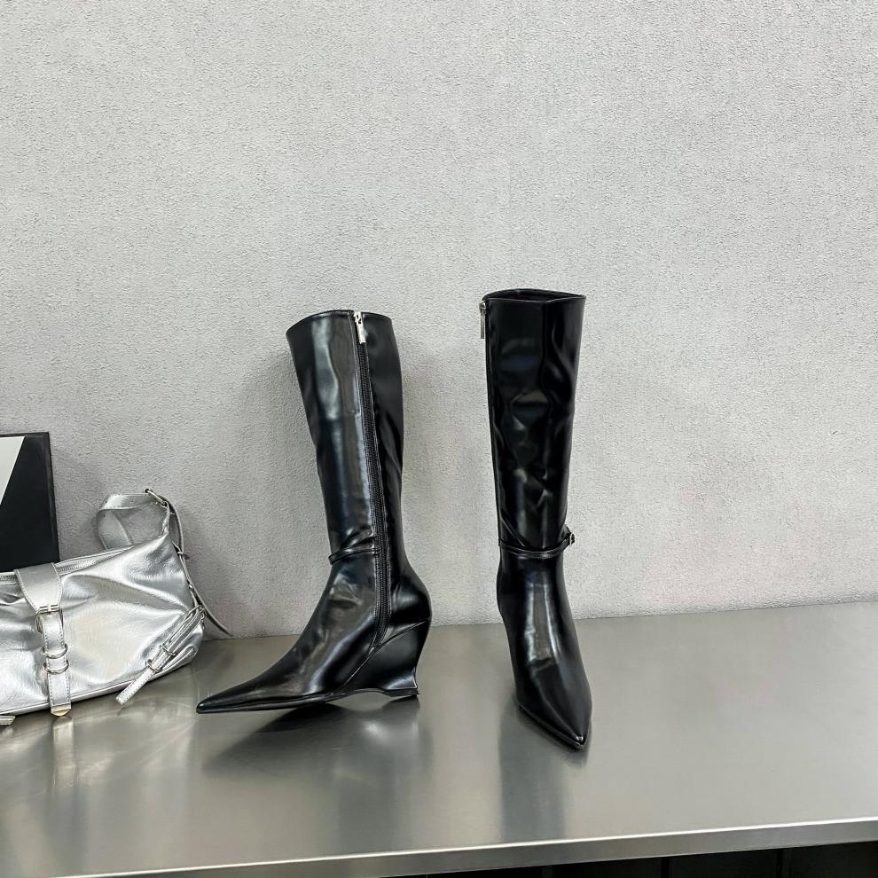 New Design Pointed Toe Zipper Women Knee-High Boots Retro Style Wedges High Heels Shoes Winter Long Booties EU35-40