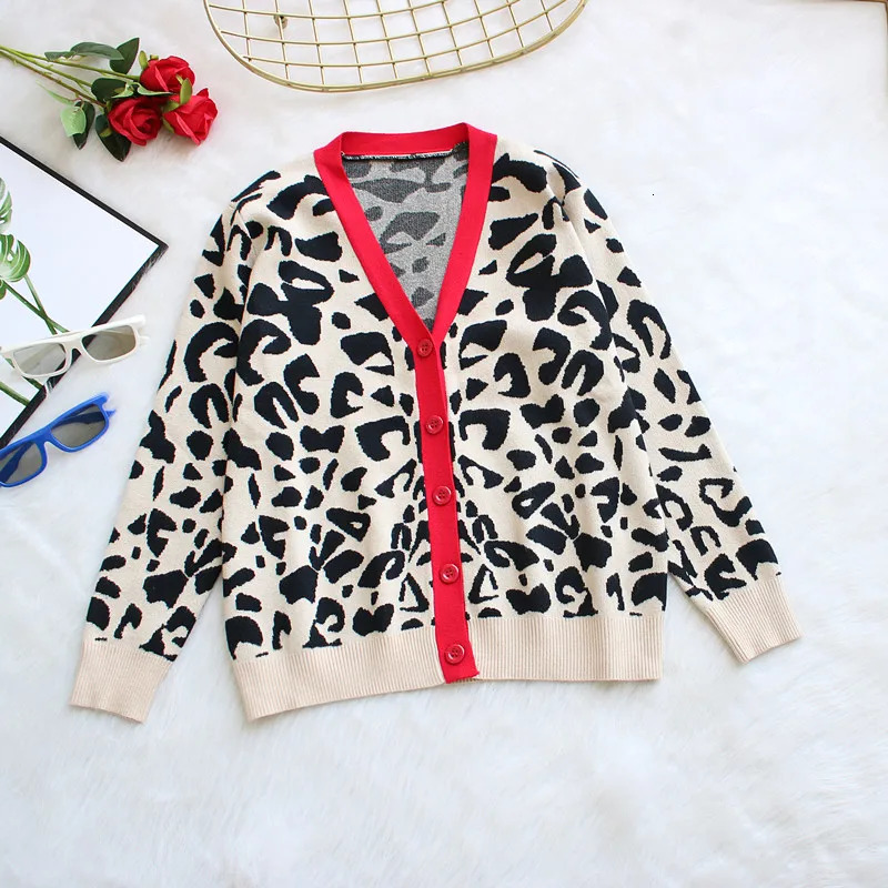 Autumn And Winter Womens Knitted Leopard Print Cardigans Ladies SingleBreasted Sweater Red Jumper Female Clothing