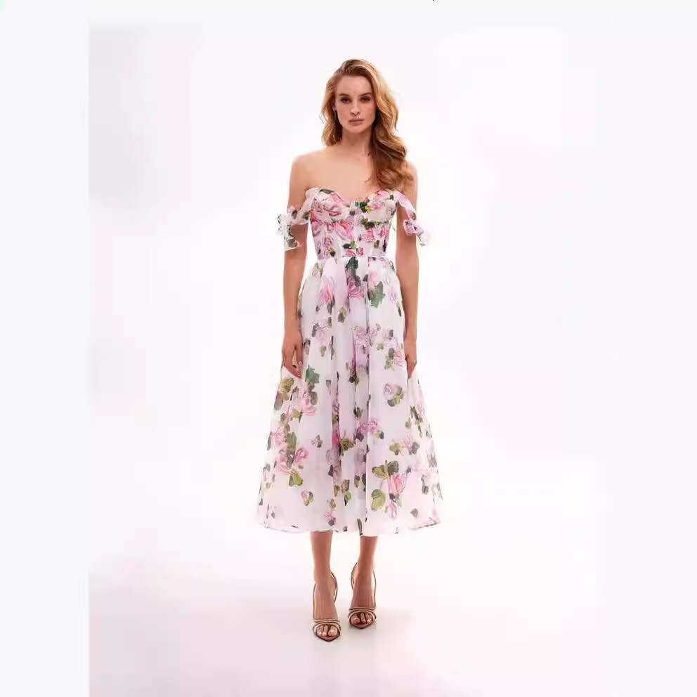 spring/summer off shoulder women's fashion, organza fairy mid evening dress, 2024 new style chic and elegant clothing
