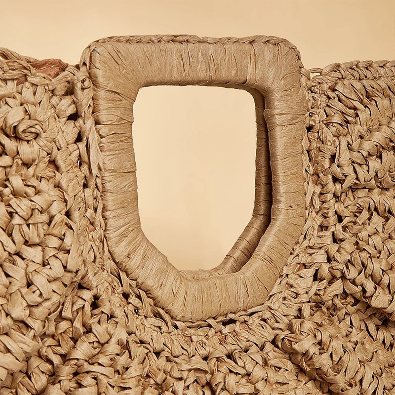 Summer Woven Straw Handbag Wooden Halfmoon Portable Beach Bag Holiday Handmade Handle Rattan Shopping Basket bolsa 241203