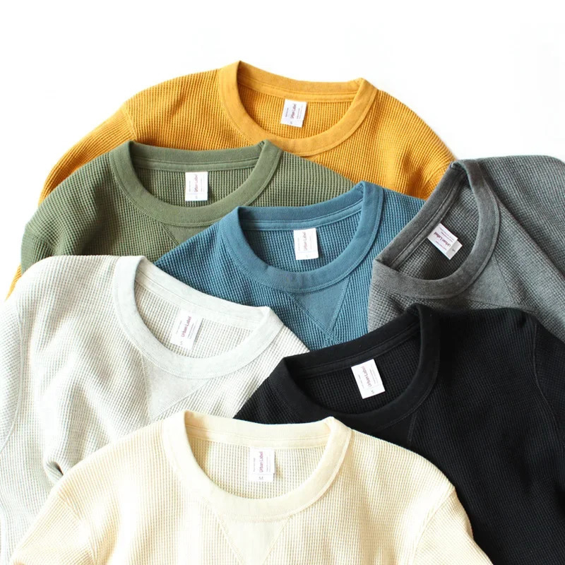 315g heavy-duty jumper American retro khaki waffle knit cotton necklace long sleeved sweater cotton mens slim fit sweater 241206