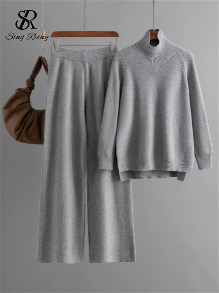 Singreiny Winter Solid Warm Set Womens Turtle Neck Long Sleeve Irregular TopWide Leg Casual Pants Sweater Two Piece Set 241205