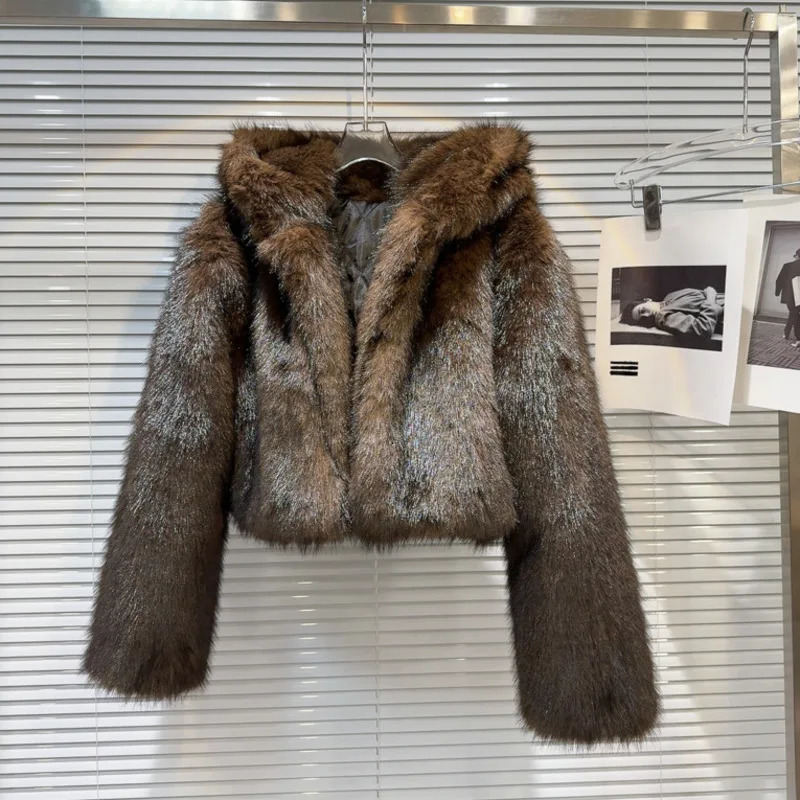 DEAT womens coat artificial fur hooded cotton pad thick wrapped womens brown environmentally friendly jacket winter 11A01577 241202