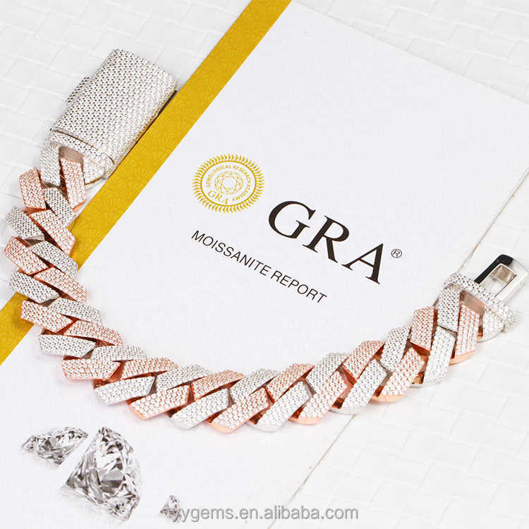 Yy rts 20 mm 4rows diamond cuban bracelet 2 tones plate iced out moissanite bracelets 925 silver fine jewelry bracelets for men