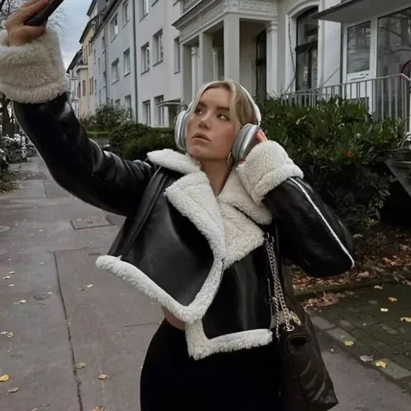 Womens Cropped Leather Jacket Coat Black Wool Blends Coats Bomber Tweed Autumn Winter and Fur Crop 241205