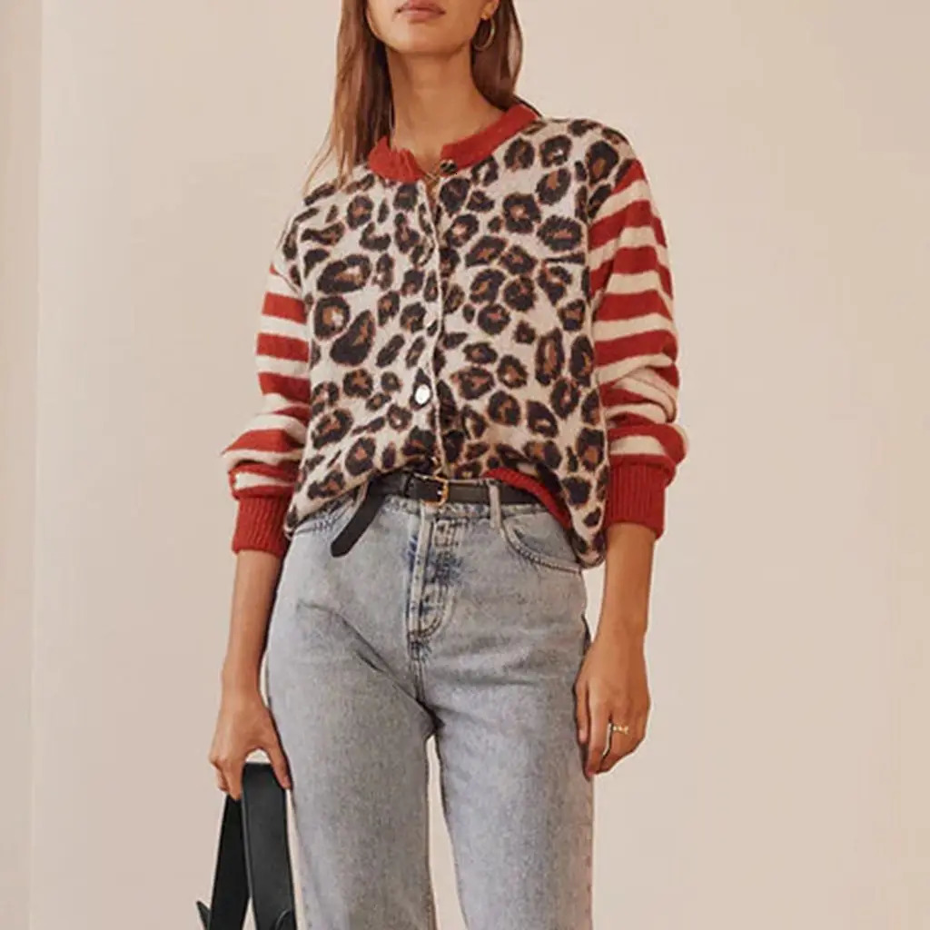 Combhasaki Womens Y2K Vintage Sweaters Aesthetic Striped Leopard Print Patchwork Buttondown Round Neck Loose Fit Knitwear Coat 241203