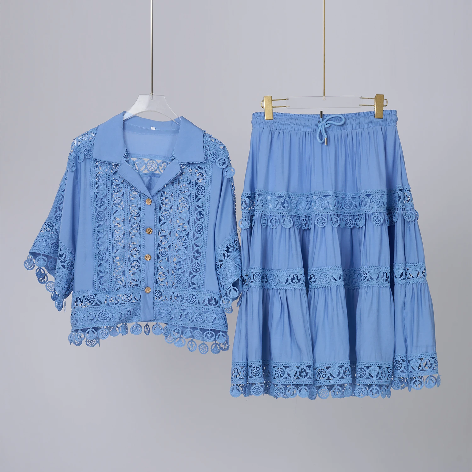 Two Piece Dress Summer Corchet White Lace Embroidery Hollow Out 2 Pieces Set Outfits Women Loose Shirt Tops Elastic Waist Midi Skirts Suit 2025