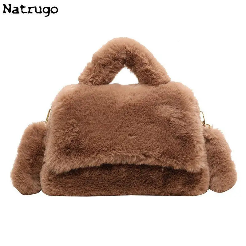 Womens large handbag faux fur handbag womens shoulder bag fashionable plush handbag cross shaped bag winter fashion 241206